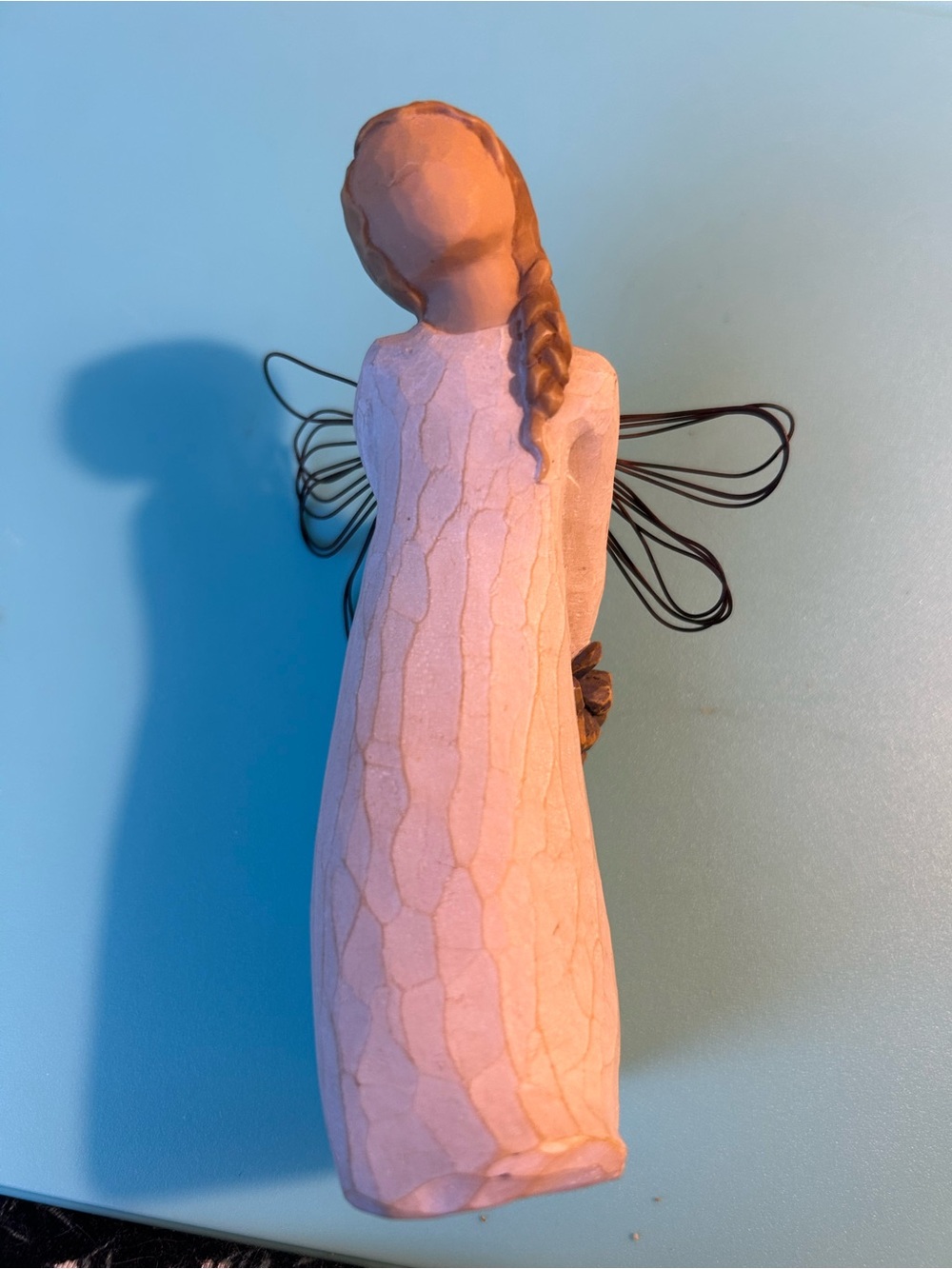 Willow Tree Cream Dress Angel Figurine with Brown Hair and Black Wire Wings